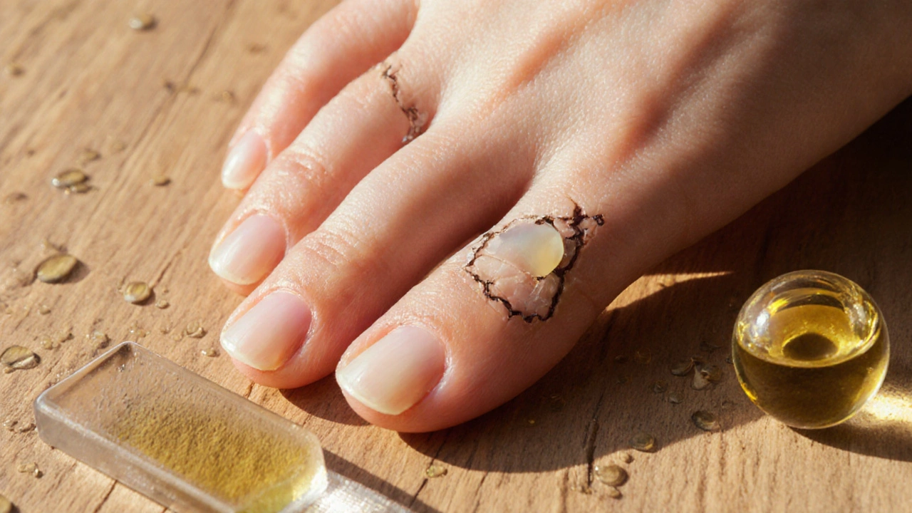Zdravé nehty rostou z hojící se nehtové plochy s olejem a pilníkem.