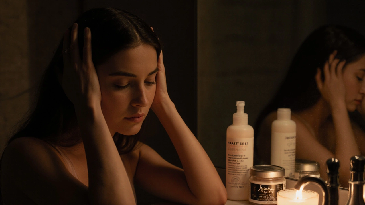 Žena hladí hlavu prsty ve třešňovém světle, klidně a soustředěně, ve večerní koupelně.