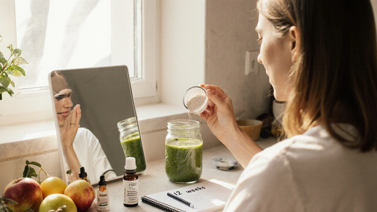 Žena připravuje smoothie s rybím kolagenem v kuchyni s kvalitními doplňky.