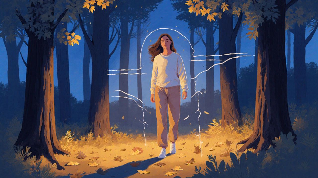 Žena prochází lesem večer, kolem ní padají zlaté listy, atmosféra klidu a obnovy.