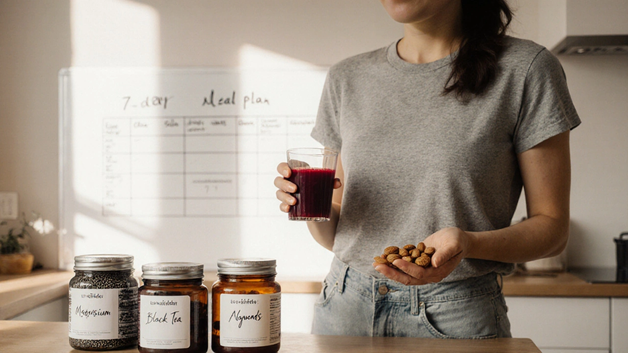 Žena s beetroot šťávou a doplňky v kuchyni s plánem stravy