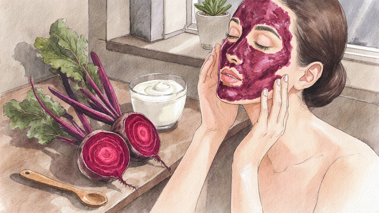 Žena si aplikuje masku z řepy a jogurtu v kuchyni s přírodními ingrediencemi.