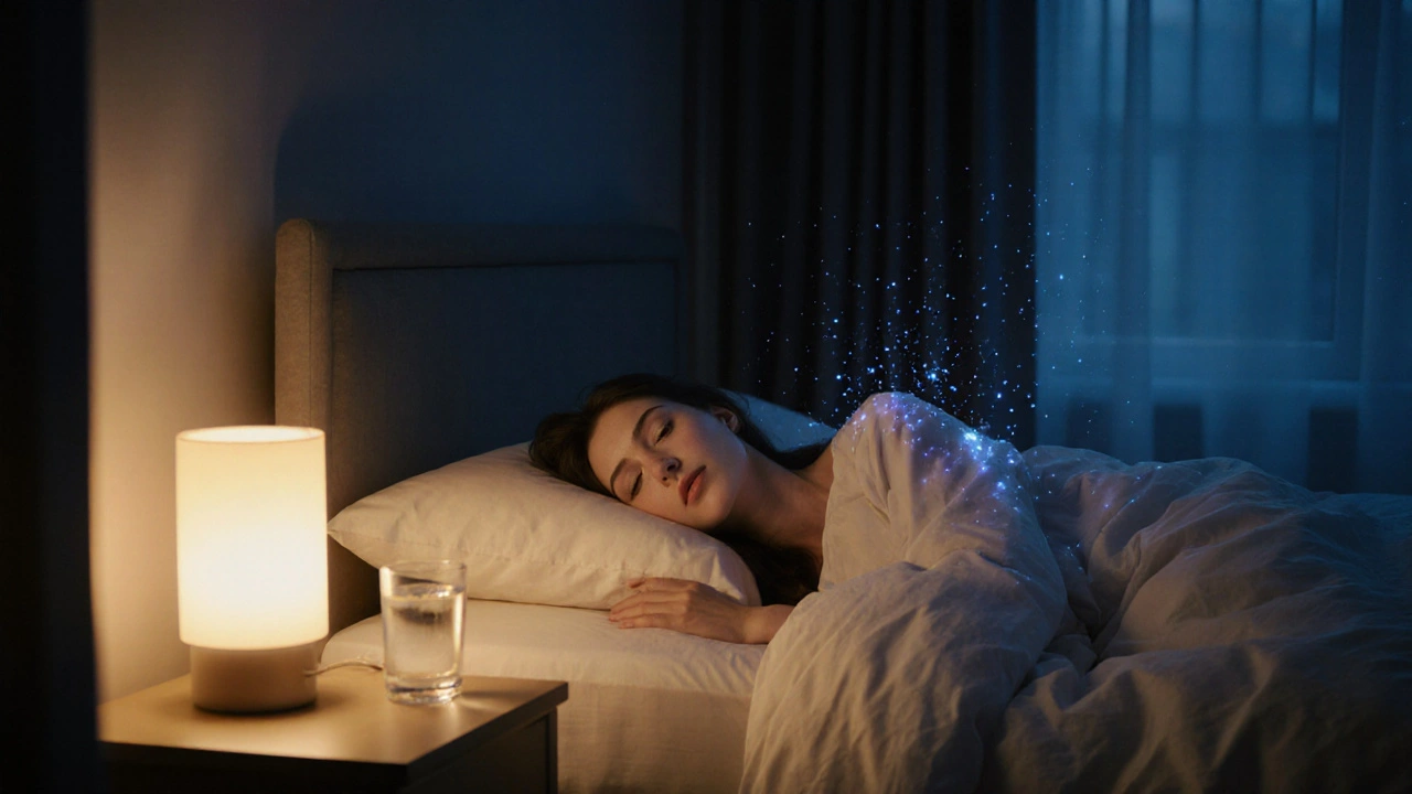 Žena spí v chladné, tiché ložnici s teplým žlutým osvětlením a otevřenými záclonami.