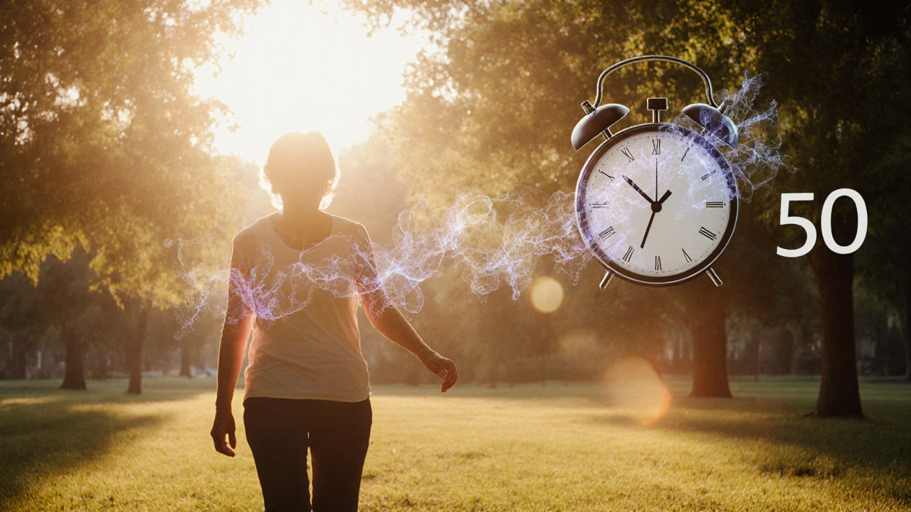 Žena v padesáti letech kráčí na slunci, symbolicky znázorněná s posilujícími vlákny kolagenu v kloubech a kůži.
