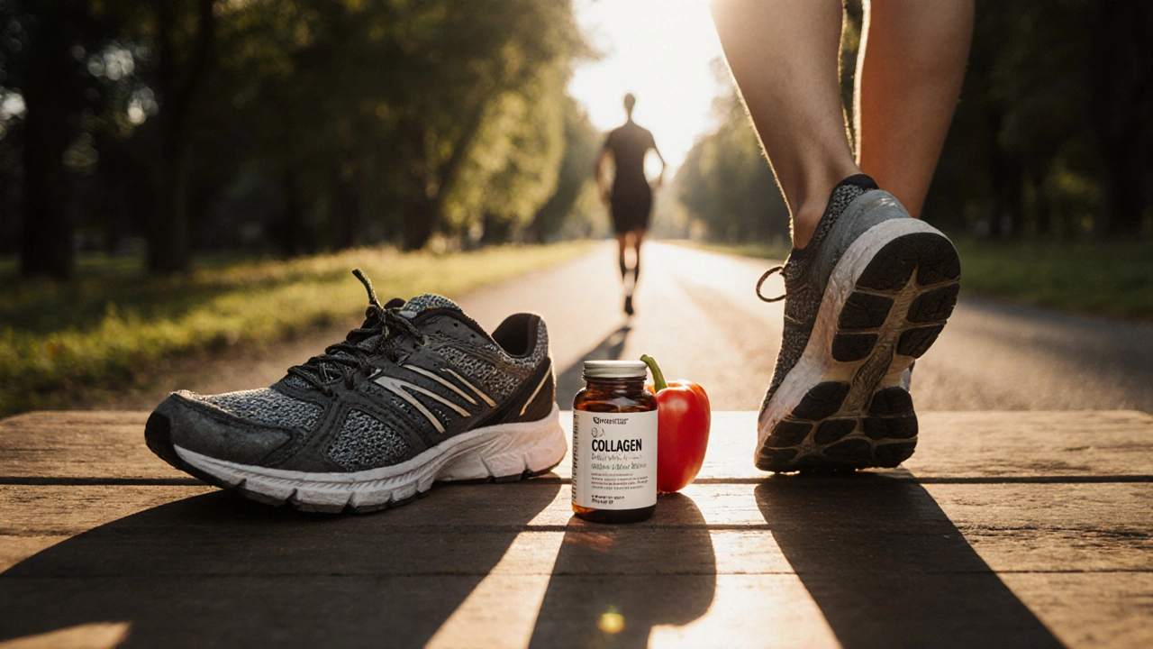Ztracené běžecké boty vedle chůze, kolagen a paprika na stole s cestou na pozadí.