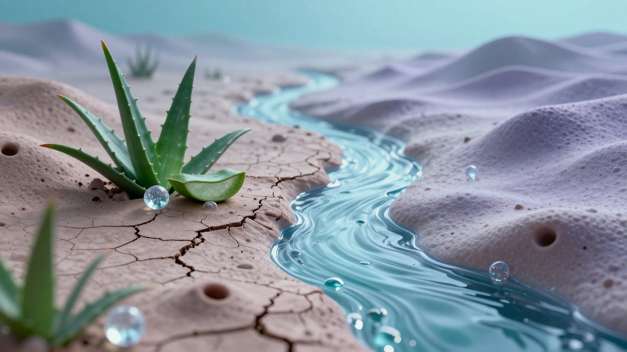 Abstraktní znázornění pokožky jako krajiny, kde tonikum obnovuje rovnováhu a hydrataci.