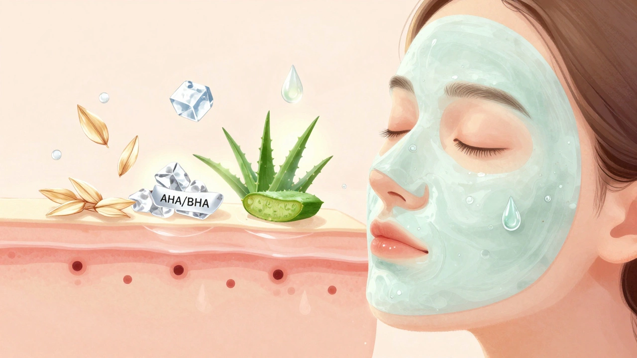 Blízký pohled na kůži s průhlednými vrstvami, kde jsou póry čištěny chemickými peelingy a aloe verou.