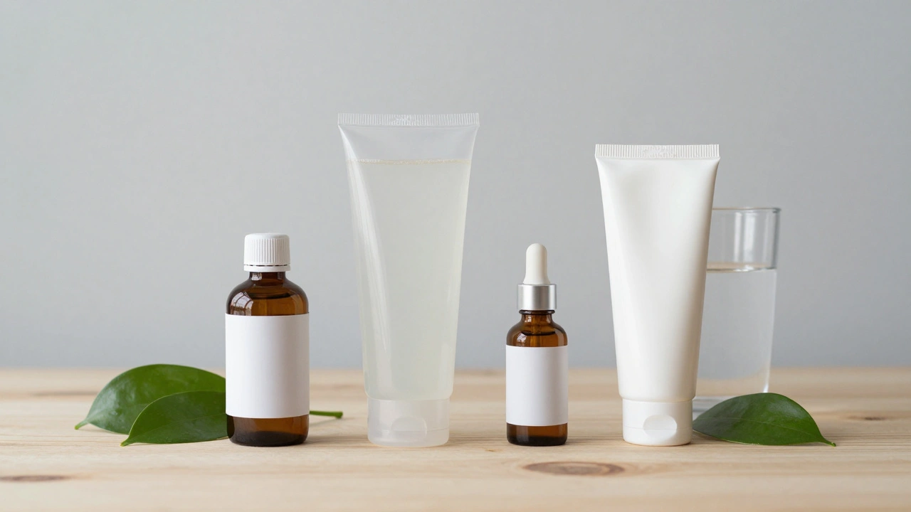 Čtyři kroky péče o pleť: salicylová kyselina, čistič, peeling a krém s vodou a listem.