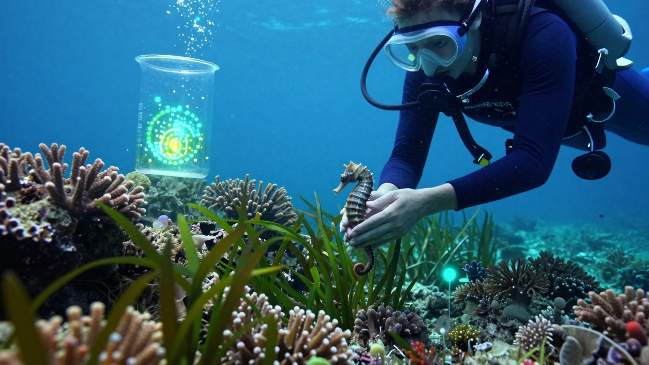Diver uvolňuje mořského koníka do ochranné zóny, zatímco v pozadí svítí biotechnologický kolagen.