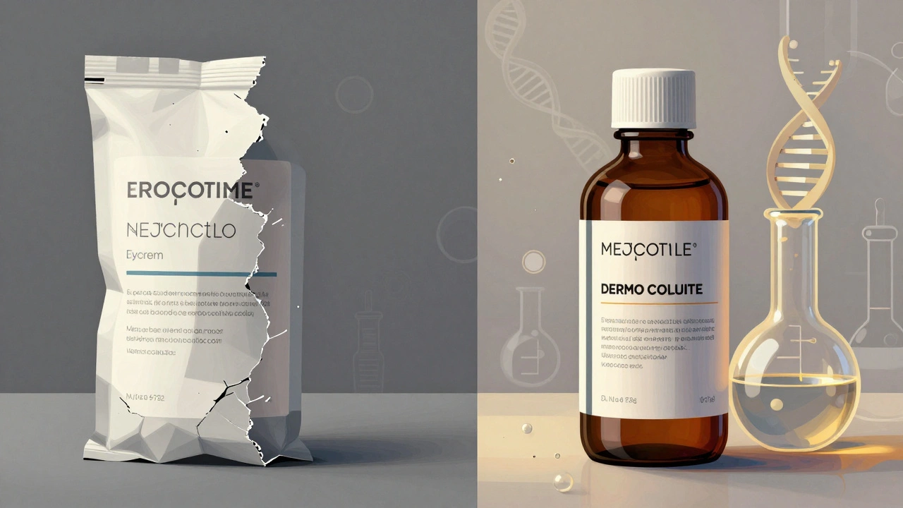 Dvě kosmetické lahvičky v kontrastu: jedna s nekvalitním balením, druhá s přesnými složkami a tmavým obalem.