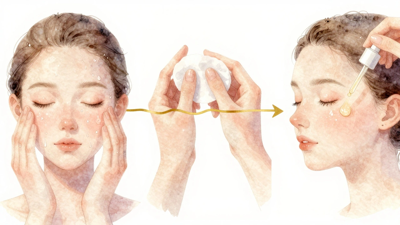 Ilustrace kroku po kroku: čištění, tonikum, sérum — bez textu, jen vizuální tok péče o pleť.