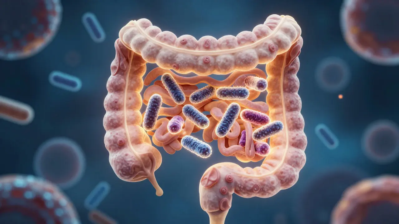 Ilustrace střev s prospěšnými bakteriemi a rozpadajícími se antibiotiky.