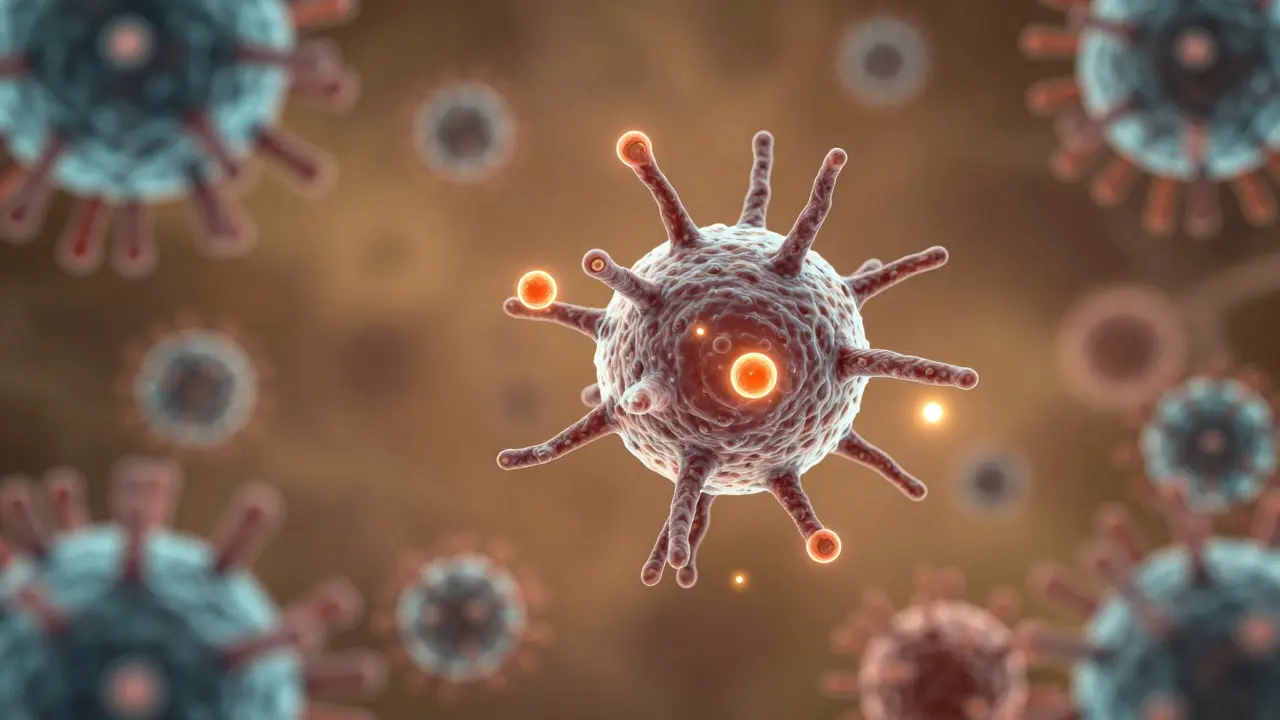 Imunitní buňka aktivně bojující proti virům pod vlivem vitamínu C.