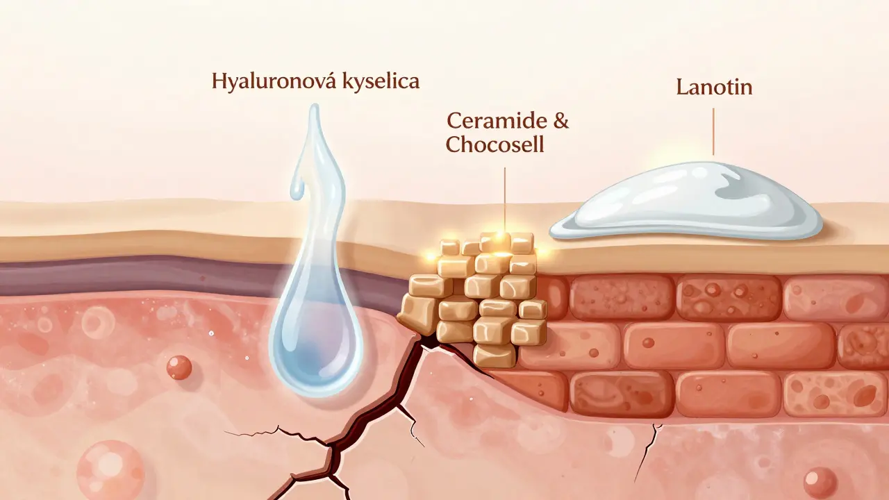 Křížový řez kůže s obnovou lipidové bariéry ceramidy a cholesterolu.