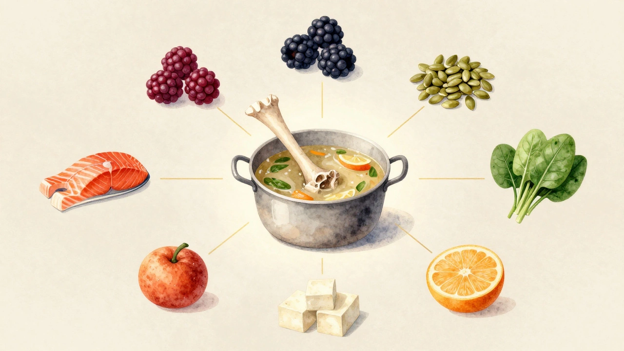 Kruhový návrh týdenní stravy s rybami, zeleninou a semínky symbolizujícími přirozenou výrobu kolagenu.