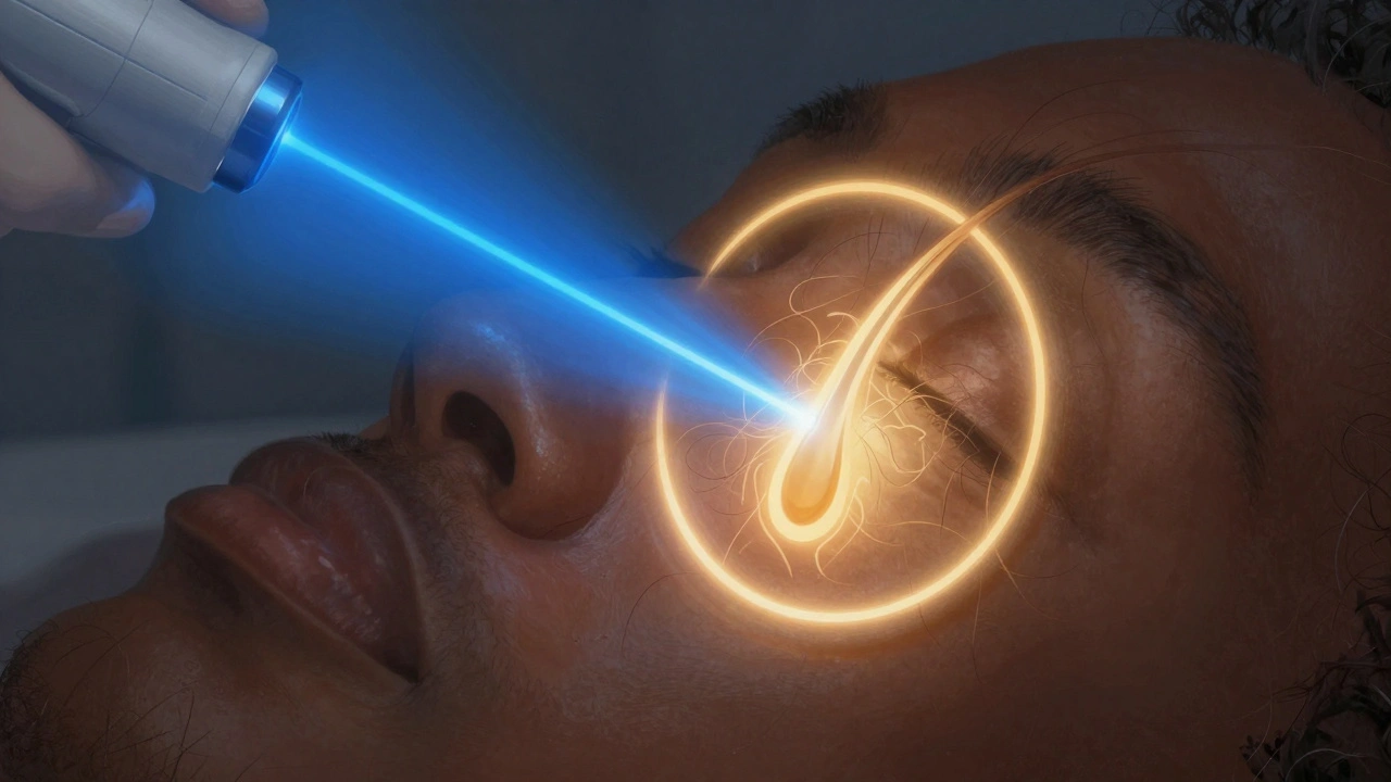 Laserové záření cílí na chloupky na obličeji s představou trvalého odstranění.