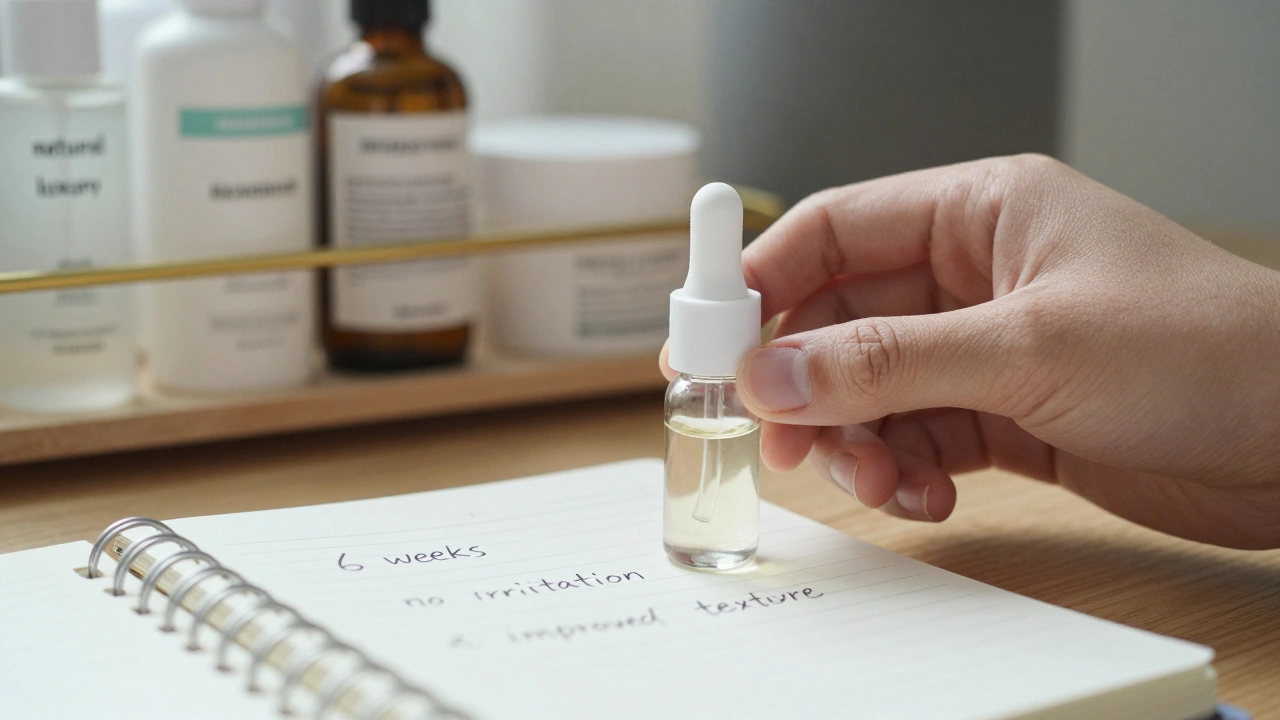 Malý vzorek séra na stole vedle poznámek o 6týdenním používání, ostatní produkty rozmazané na pozadí.