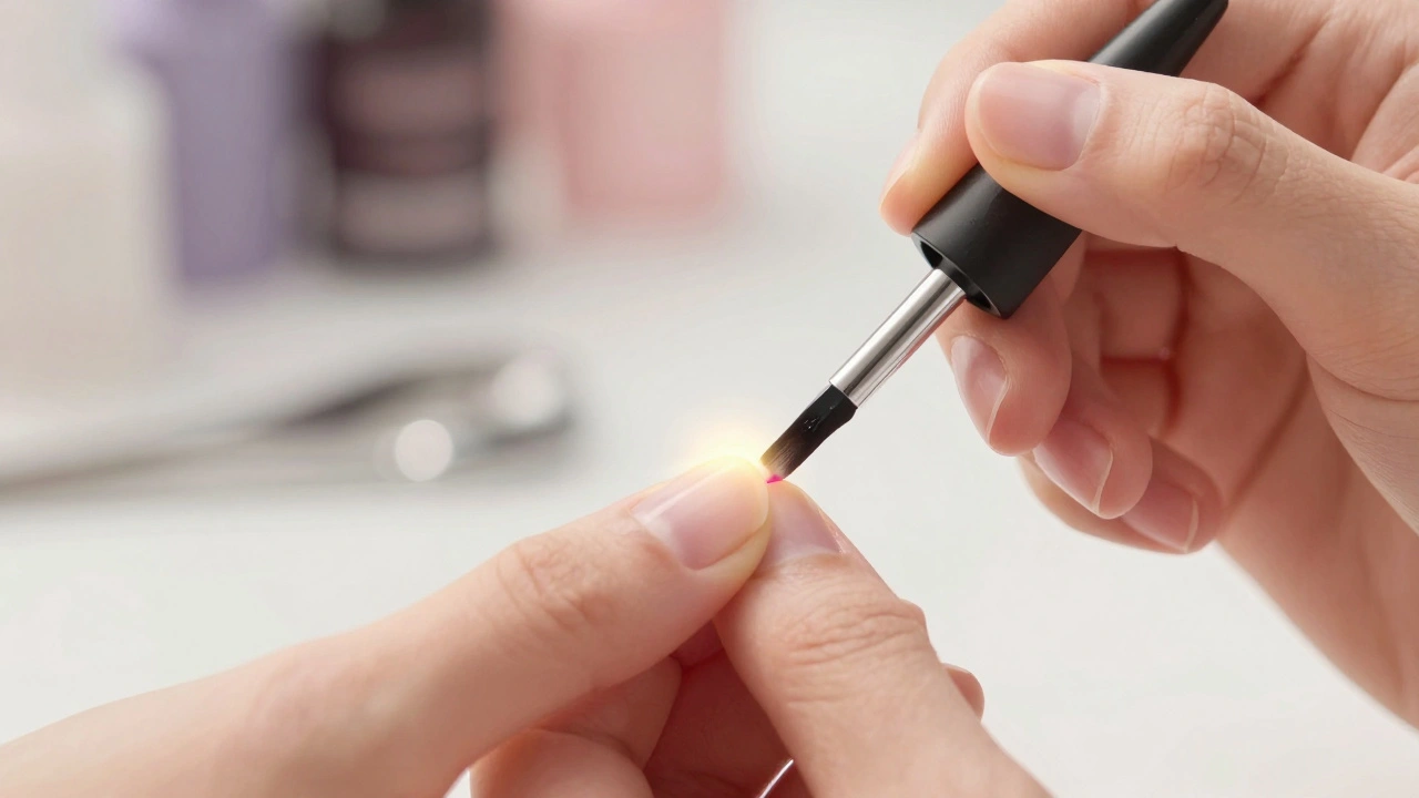 Manikýřka aplikuje lak přesně až na hranici aš kroužku, s viditelnou bezpečnou mezerou od kůže.