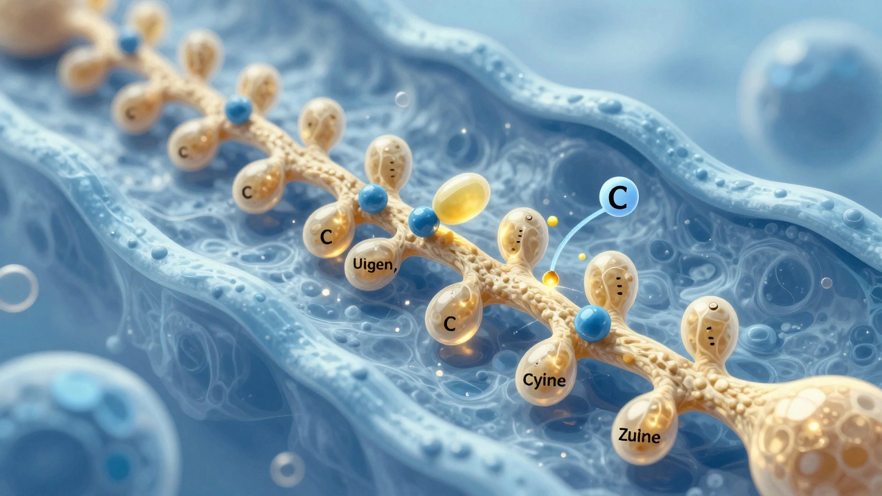 Mikroskopický pohled na tvorbu kolagenu v kloubu s aminokyselinami a vitamínem C jako katalyzátory.