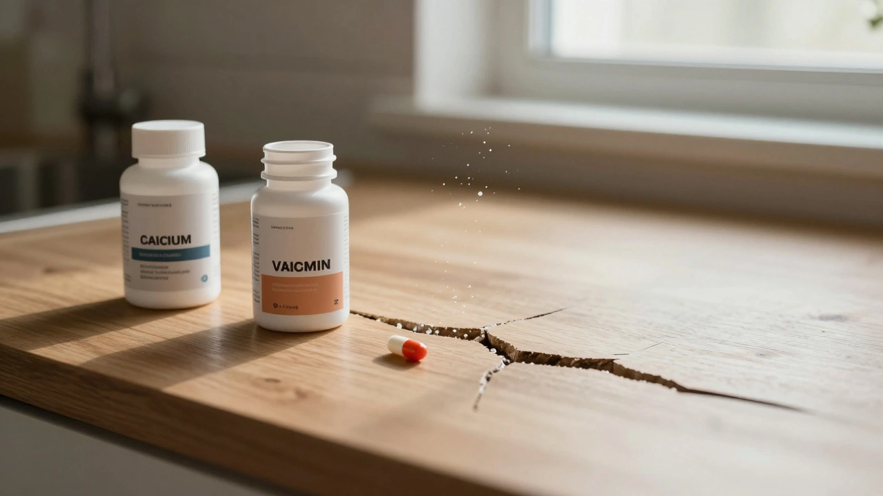 Multivitamín, vápník a vitamín D na stole, ale nad nimi se tvoří vápenité krystaly jako varování.