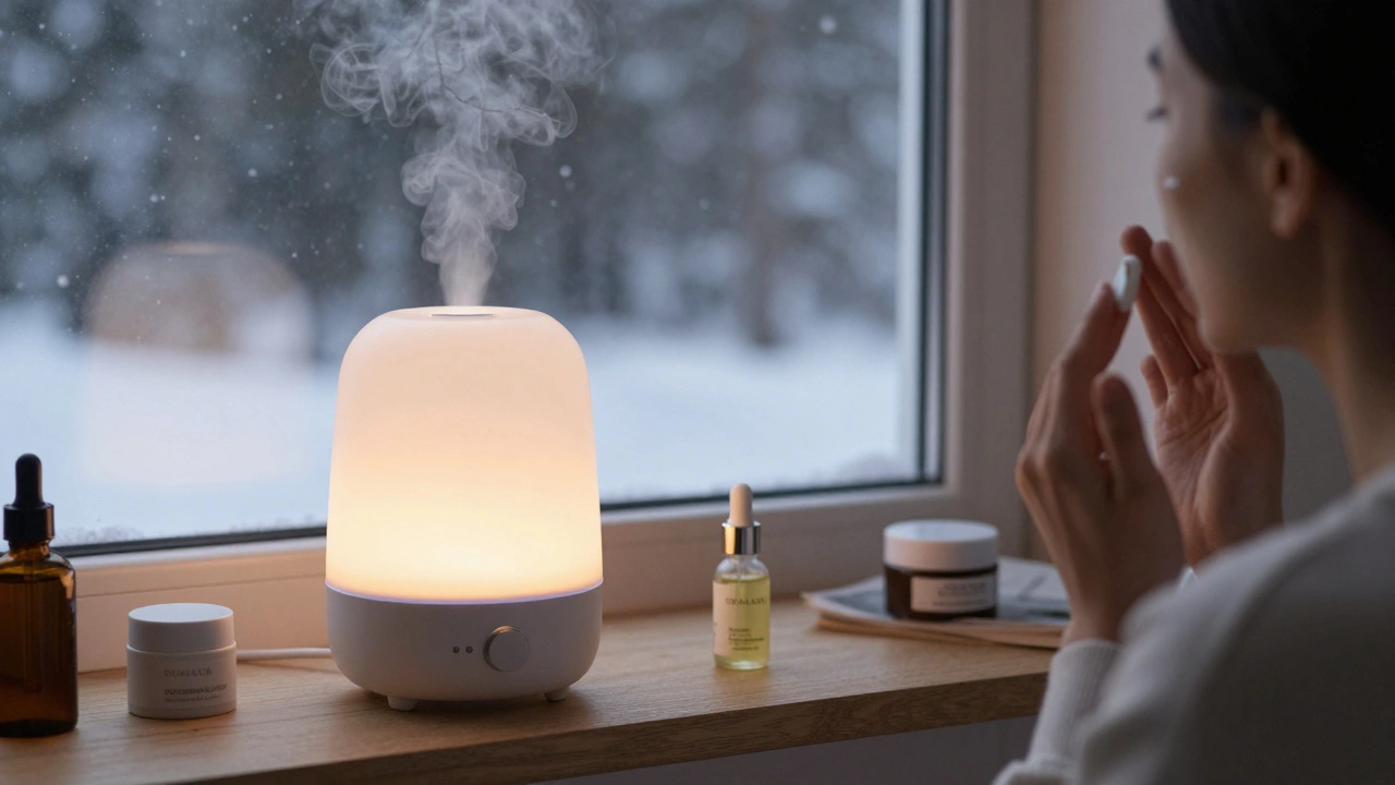 Osoba aplikuje balsam na obličej ve večerním prostředí s vlhčičem vzduchu