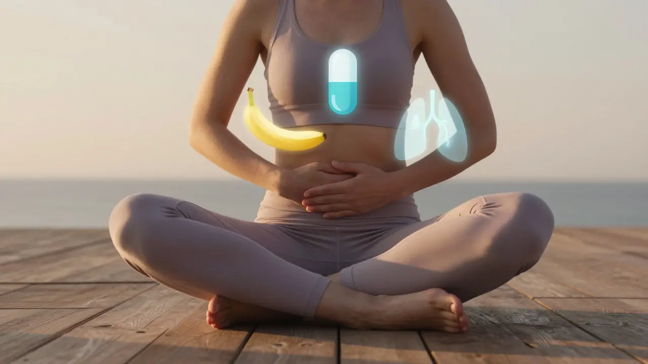 Osoba medituje s rukama na břiše, kolem ní symboly probiotik, vody a dýchání v klidném světle.