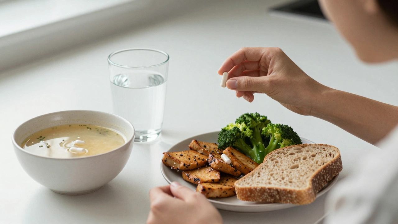 Osoba užívá probiotikum dvě hodiny po antibiotiku s jídlem podporujícím střevy