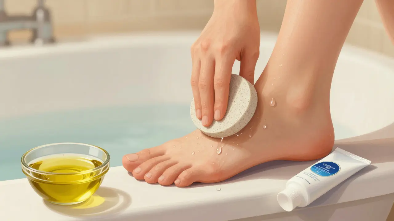 Pata během jemného ošetření pískovým kamenem po koupeli