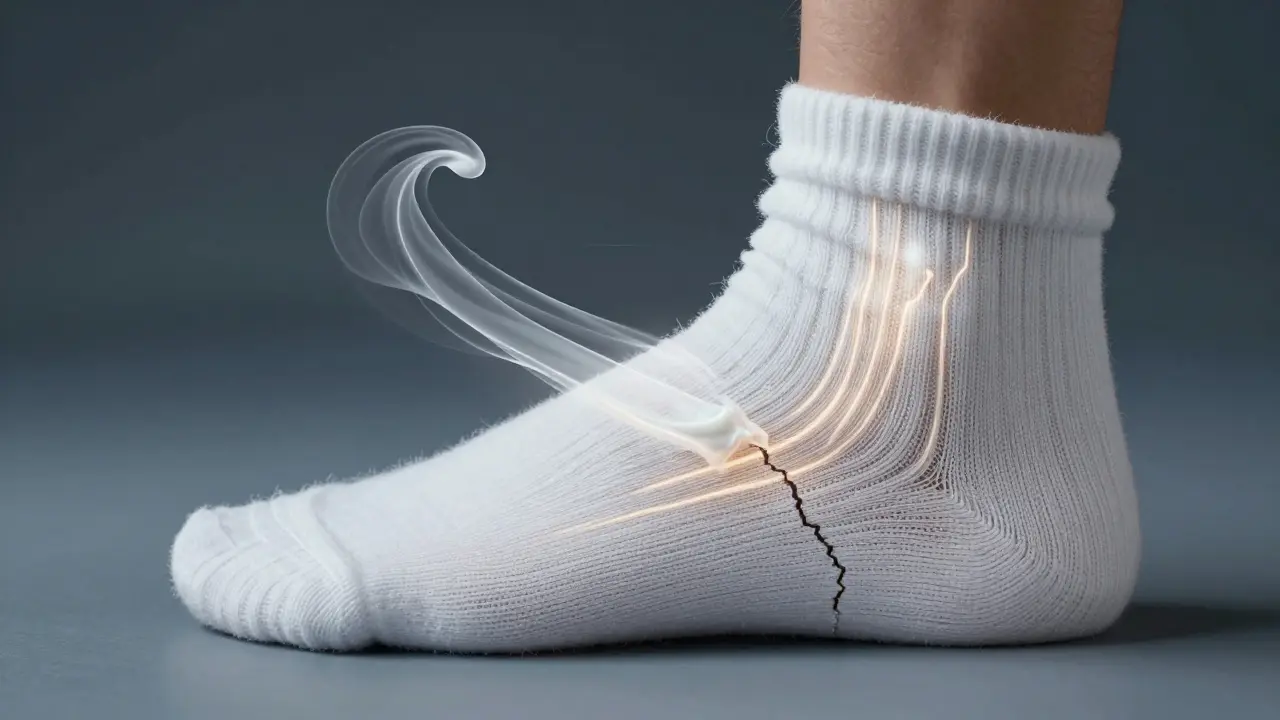 Pata obalená bavlněnými ponožkami s abstraktní hydratací