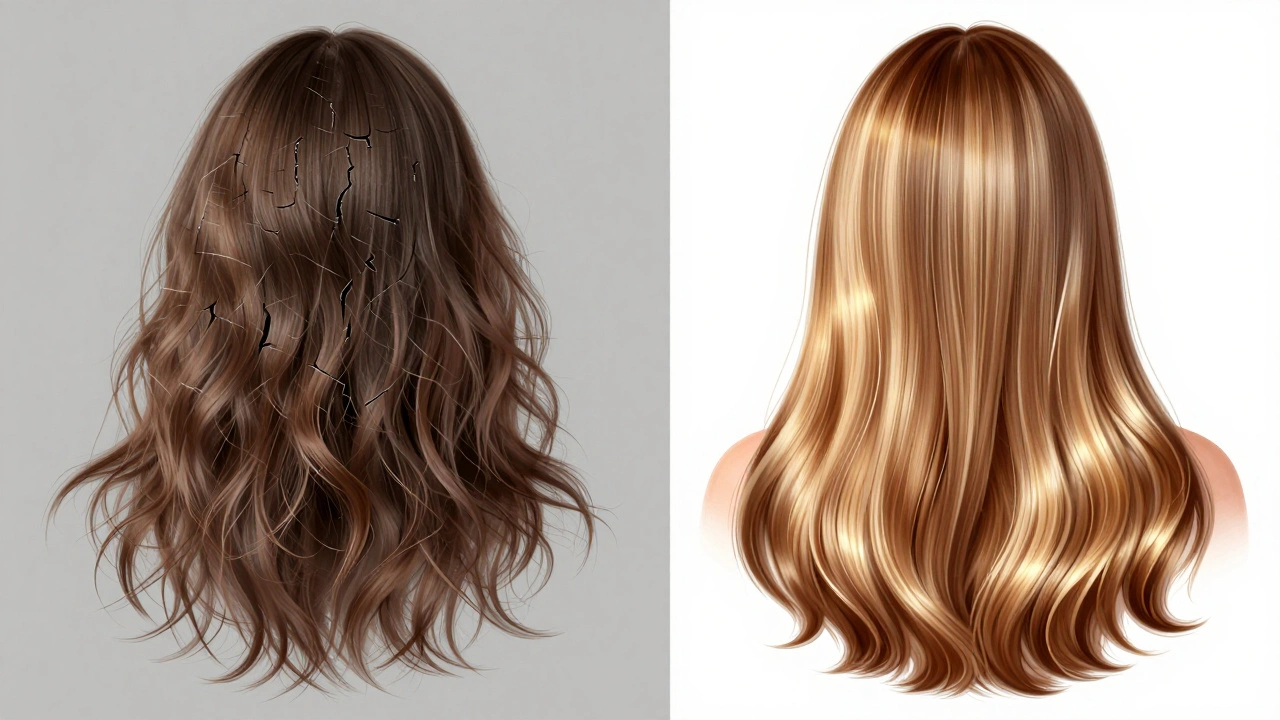 Porovnání poškozených a obnovených vlasů: jedna strana křehká a bez lesku, druhá hladká a lesklá.