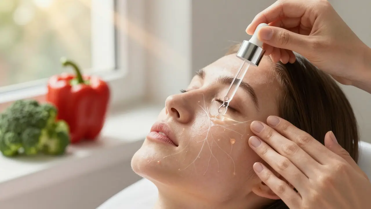 Použití sérum s vitamínem C na kůži s viditelnou regenerací kolagenu.