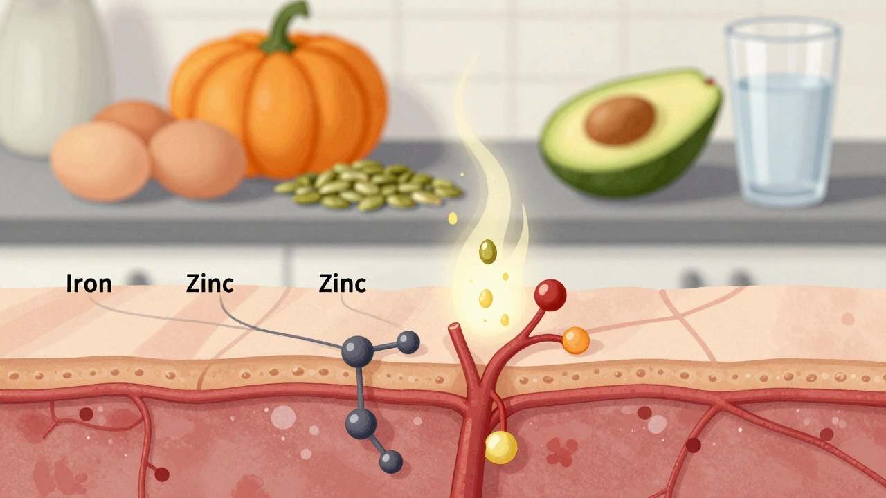 Přehled výživy v krevním oběhu napájejícím matici nehtu železem, zinkem a biotinem.