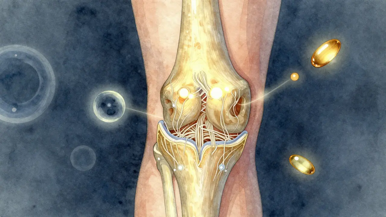 Průřez zdravého kolenního kloubu s kolagenovými vlákny obnovujícími chrupavku a vitamínem C.