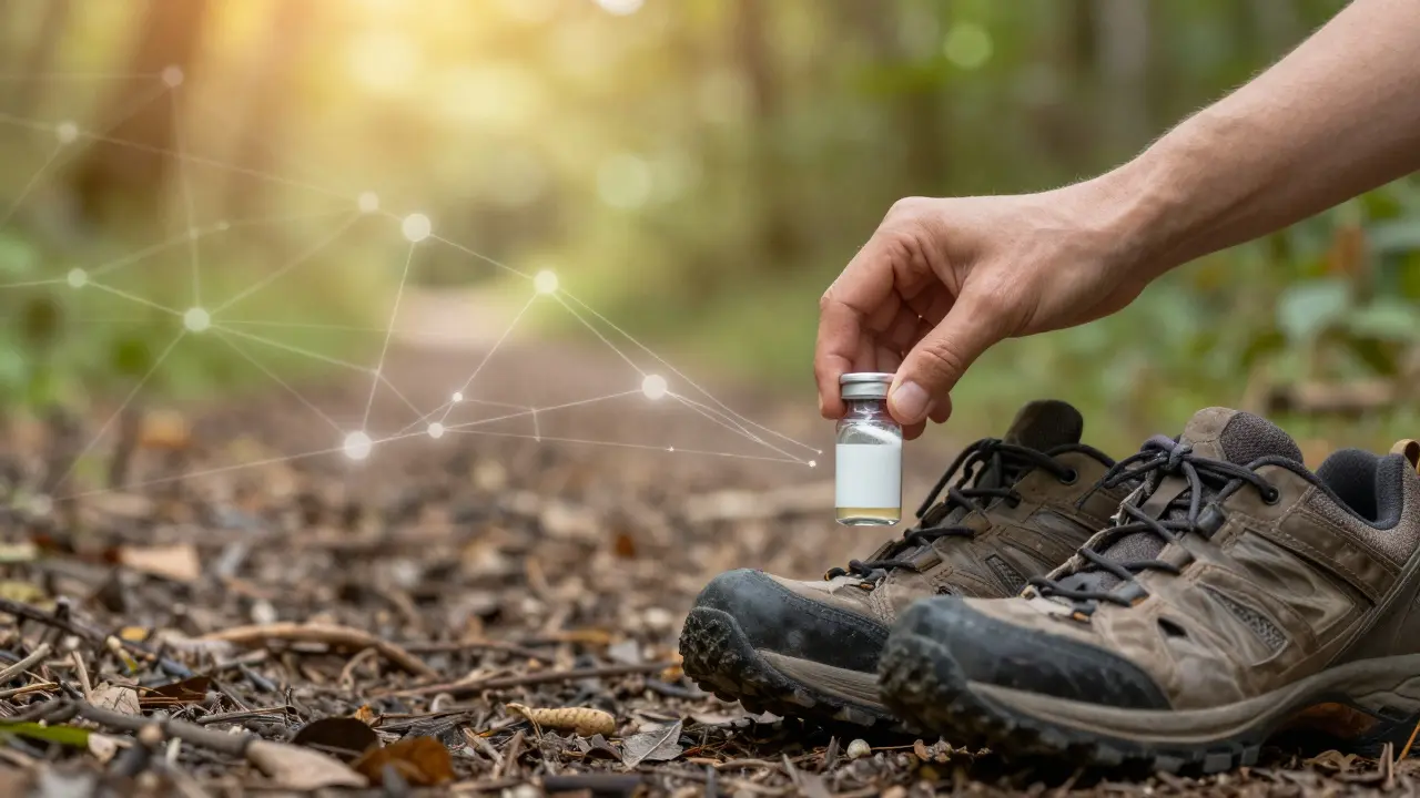 Ruce kladou kolagen na cestu vedle obnošených bot, zaostřený pozadí s kolagenovými vlákny.