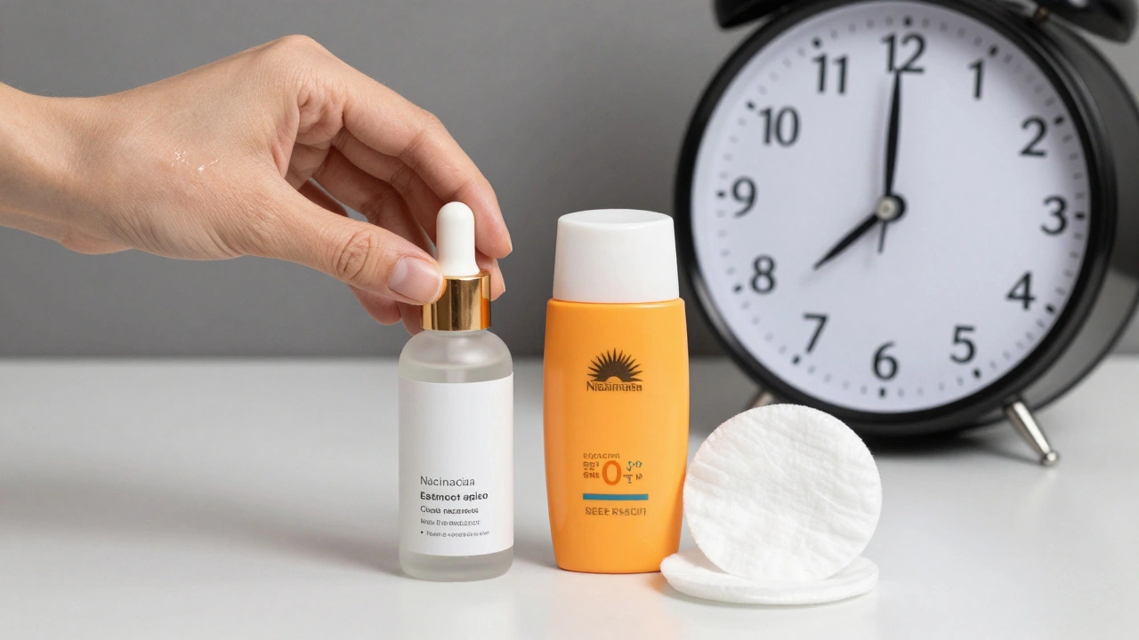 Ruka aplikuje sérum s niacinamidem na čistou pokožku, vedle ní je sluneční ochrana a vatový disk.