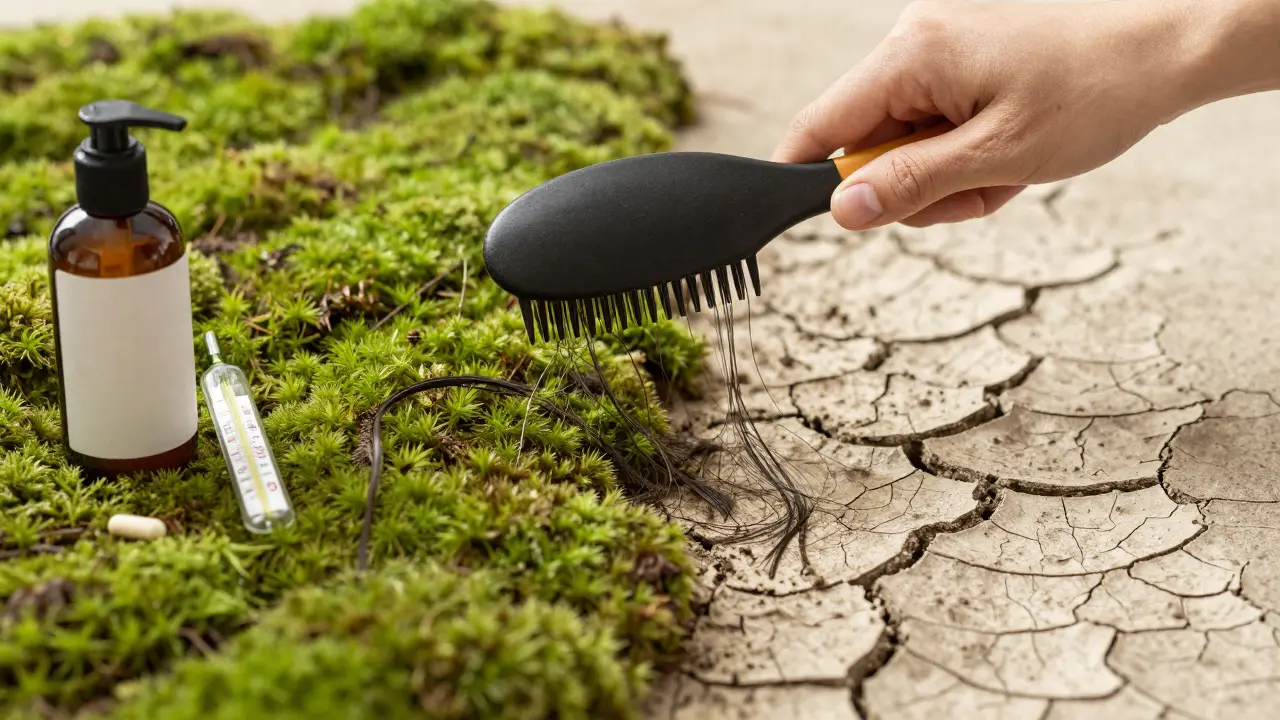Ruka česá vlasy nad povrchem rozděleným na zdravou a poškozenou pokožku, vedle léků a teploměru.
