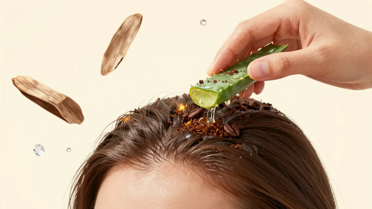 Rukou aplikující přírodní peeling na kůži hlavy s kávovými částečkami a aloe verou.