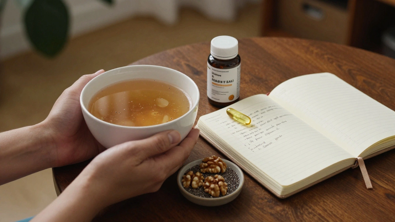Ruky drží vývar z kostí, ořechy a rybí olej vedle deníku s pozorováním bolesti kloubů.