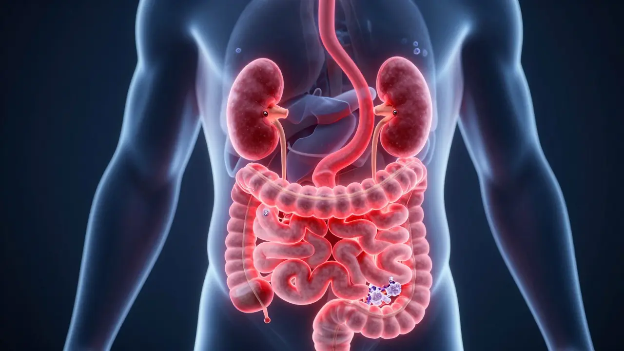 Schematic znázornění trávicího ústrojí s krystaly oxalátu v ledvinách vyvolanými přebytkem vitamínu C.