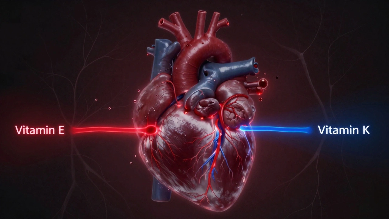 Srdce a játra propojená světelnými cestami, kde vitamín E ruší vitamín K, s krvavými kapkami.