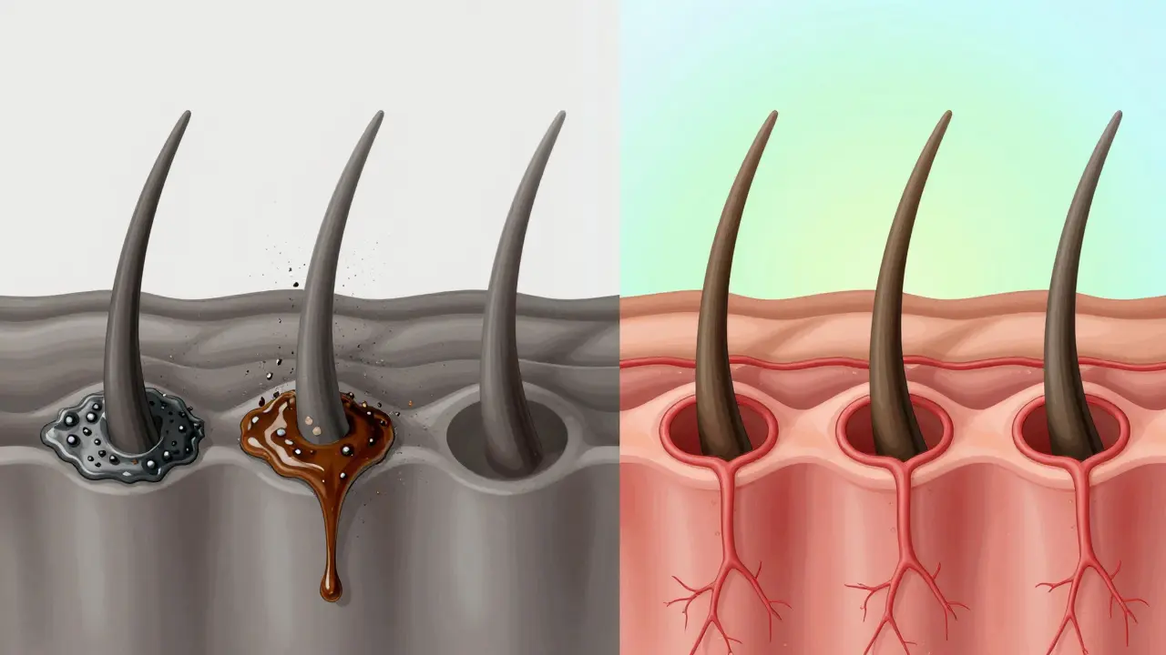 Srovnání zablokovaných a zdravých vlasových folikulů na kůži hlavy.