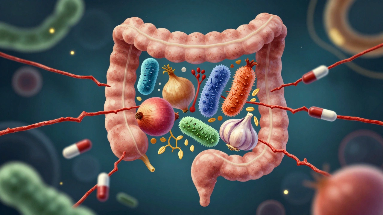 Střevní mikroflóra s prospěšnými bakteriemi a prebiotickými potravinami proti antibiotikům