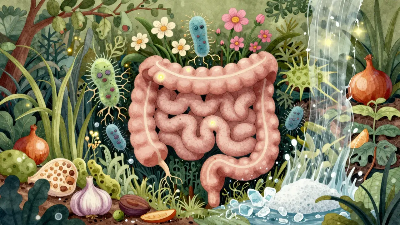 Střevo jako zahrada s laktobacily jako květinami a prebiotiky jako rostlinami, škodlivé látky jako větve.