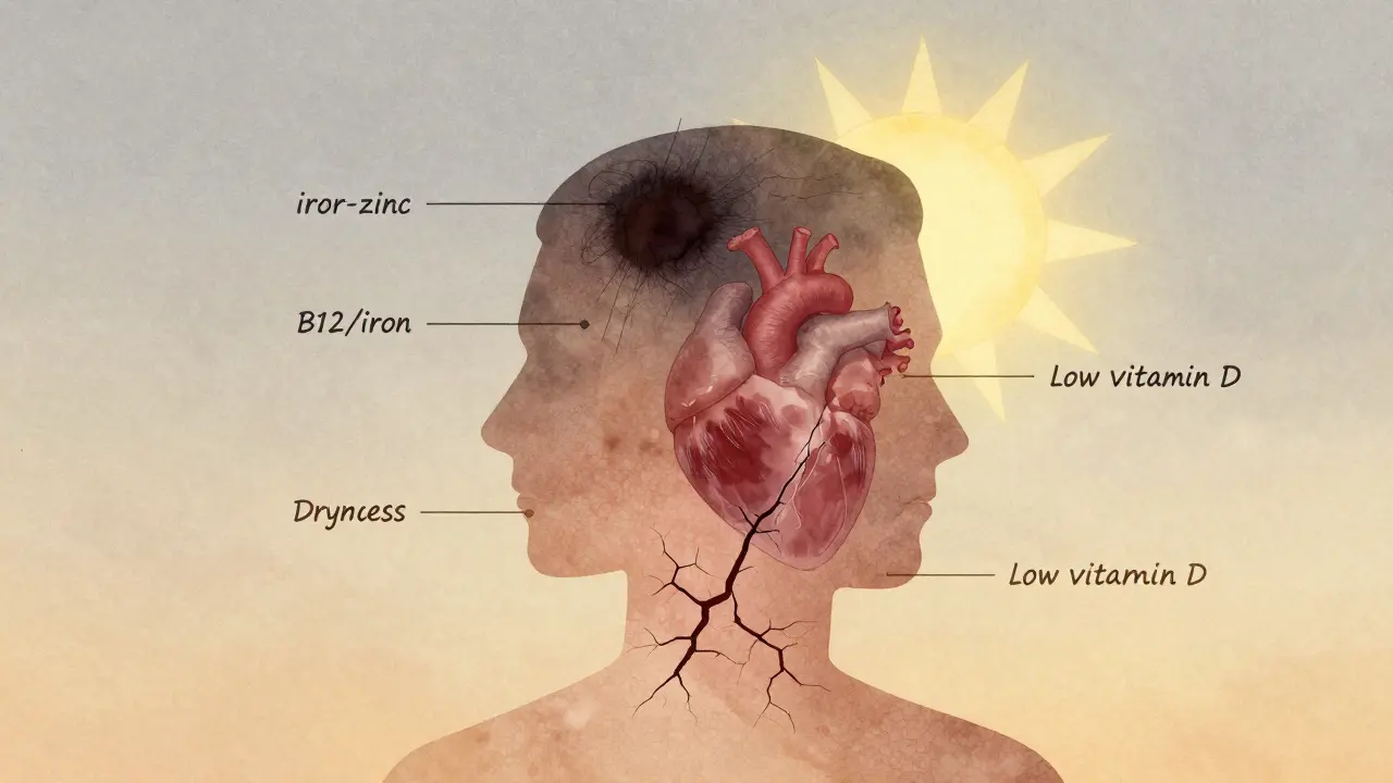 Symbolický obraz ženského siluetu s označenými deficitními body: vlasy, kůže, srdce, slunce.