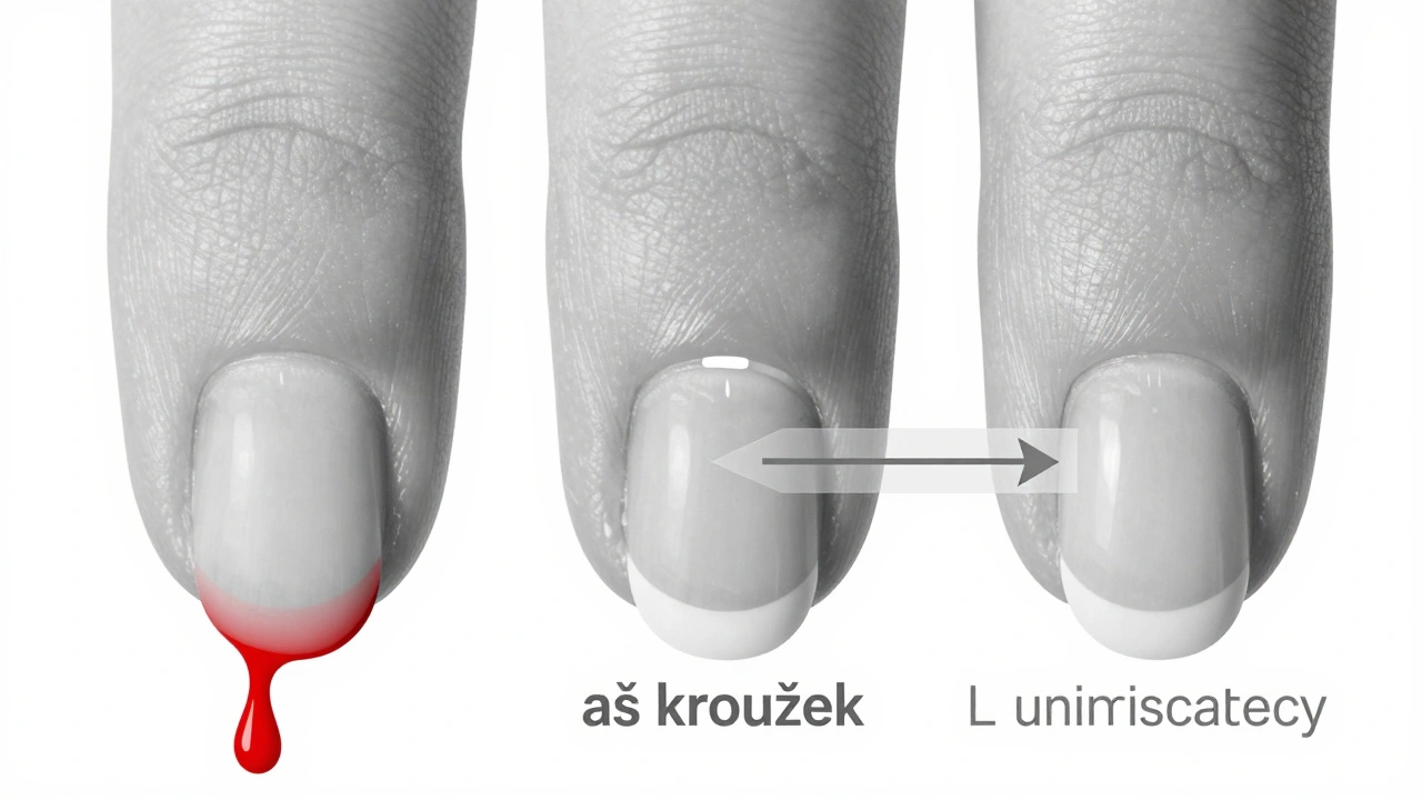 Tři nehty ukazující správné a chybné přístupy k aš kroužku, s vyznačenou správnou hranicí.
