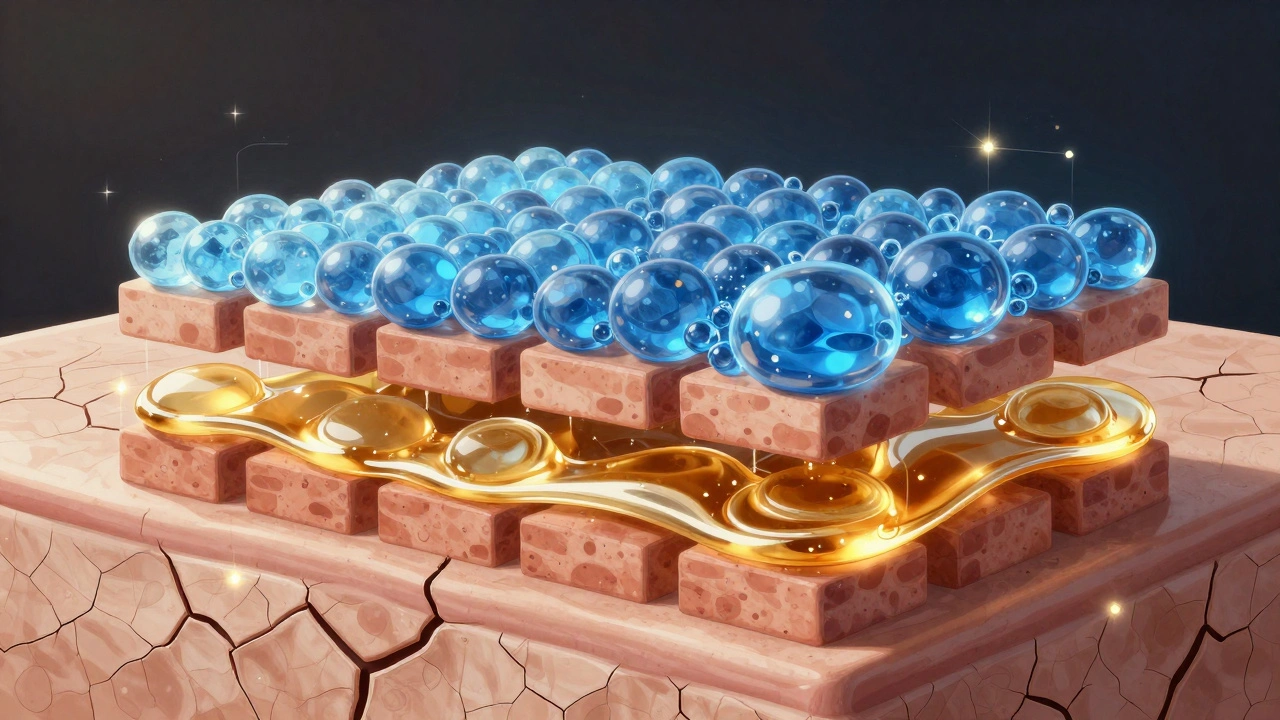 Tři složky obnovující lipidový film kůže: voda, ceramidy a olej v abstraktní formě