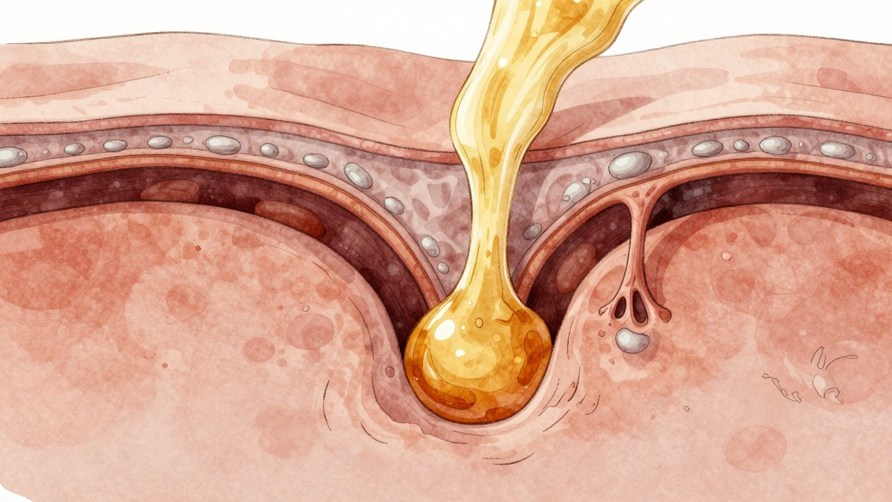Umělecká ilustrace pórů jako kanálků spojujících mazové žlázy s povrchem kůže.