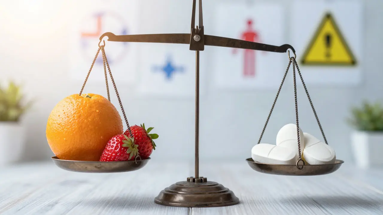 Váha s přirozenými zdroji vitamínu C na jedné straně a tabletkami na druhé, váha je přetížená tabletkami.