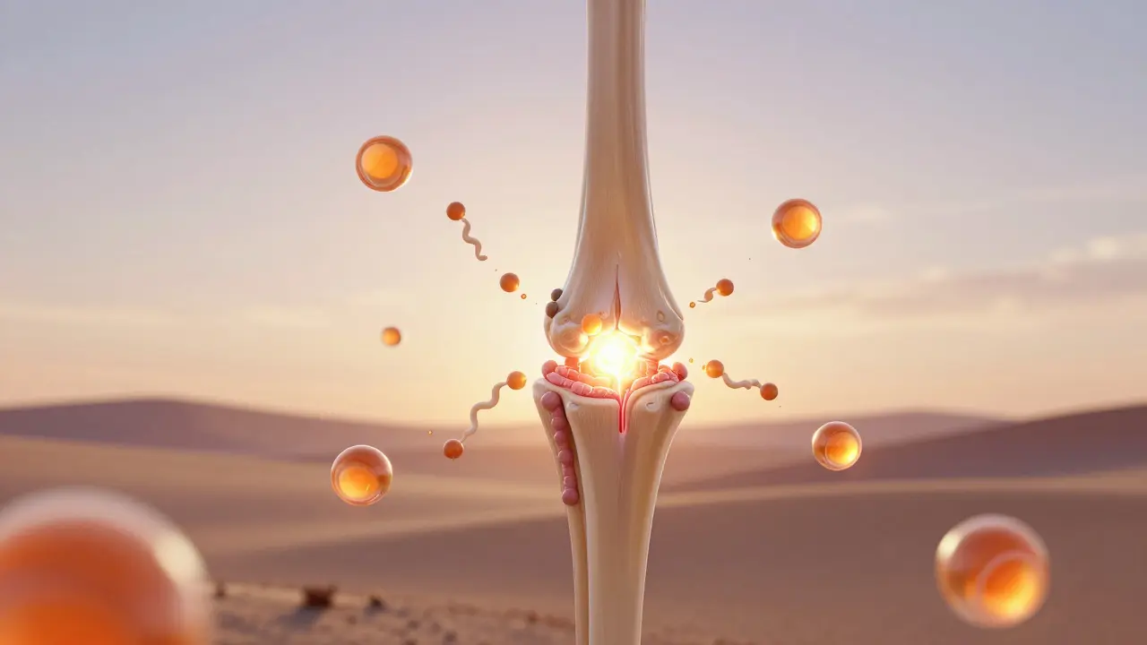 Vědecká ilustrace kloubu s kolagenovými peptidy obnovujícími chrupavku a vitamínem C.