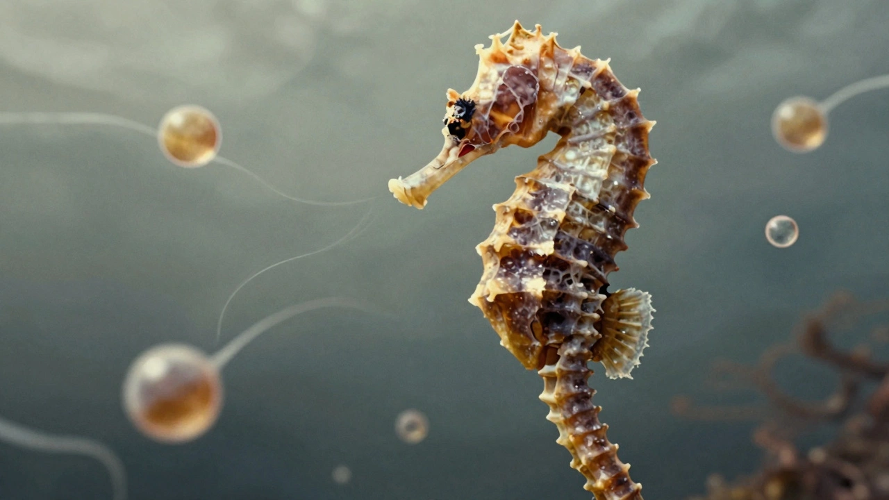 Vnitřní struktura mořského koníka s vykreslenými kostmi a kolagenovými molekulami v zlatých tónech.